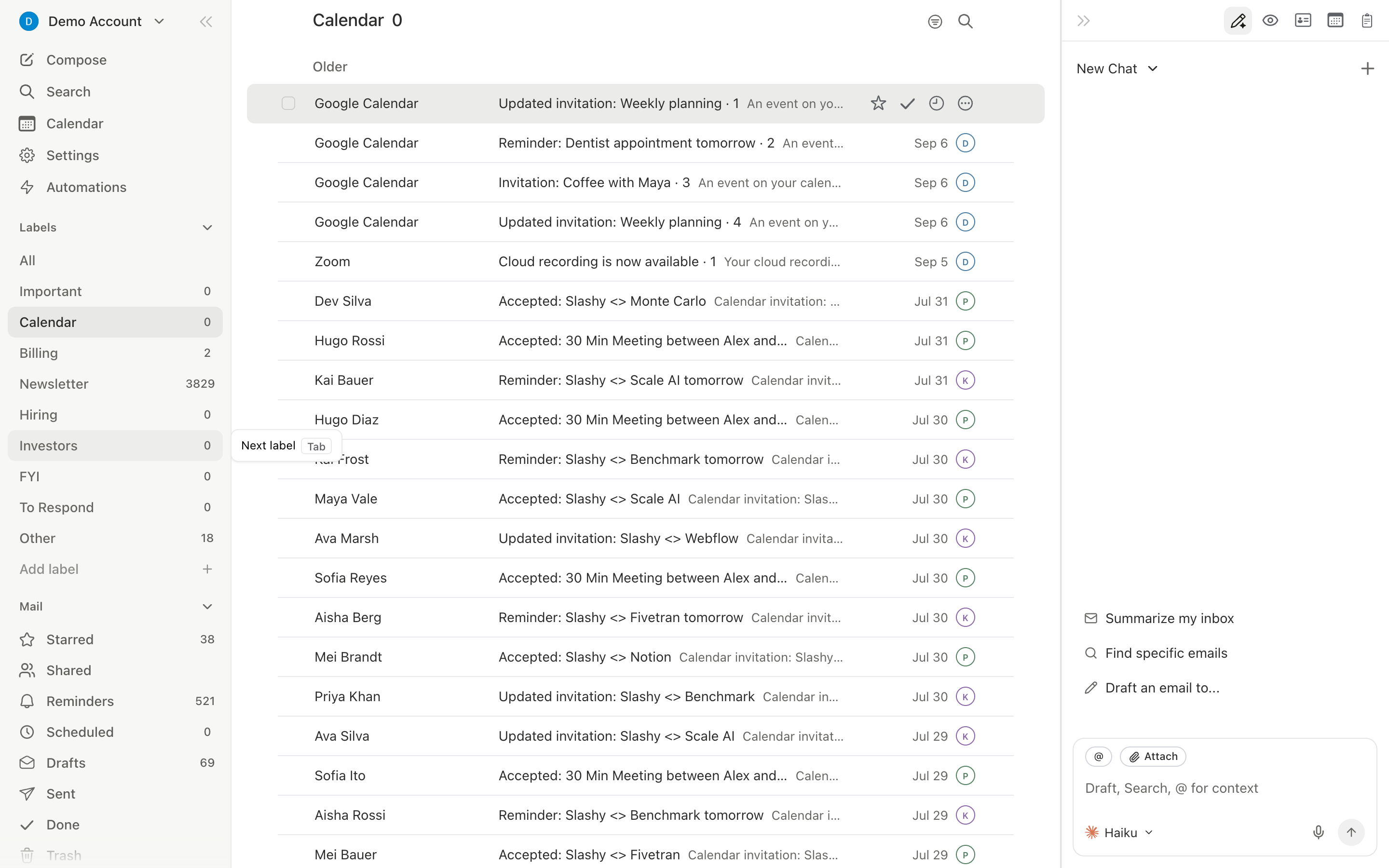 Inbox with importance label tabs showing unread counts