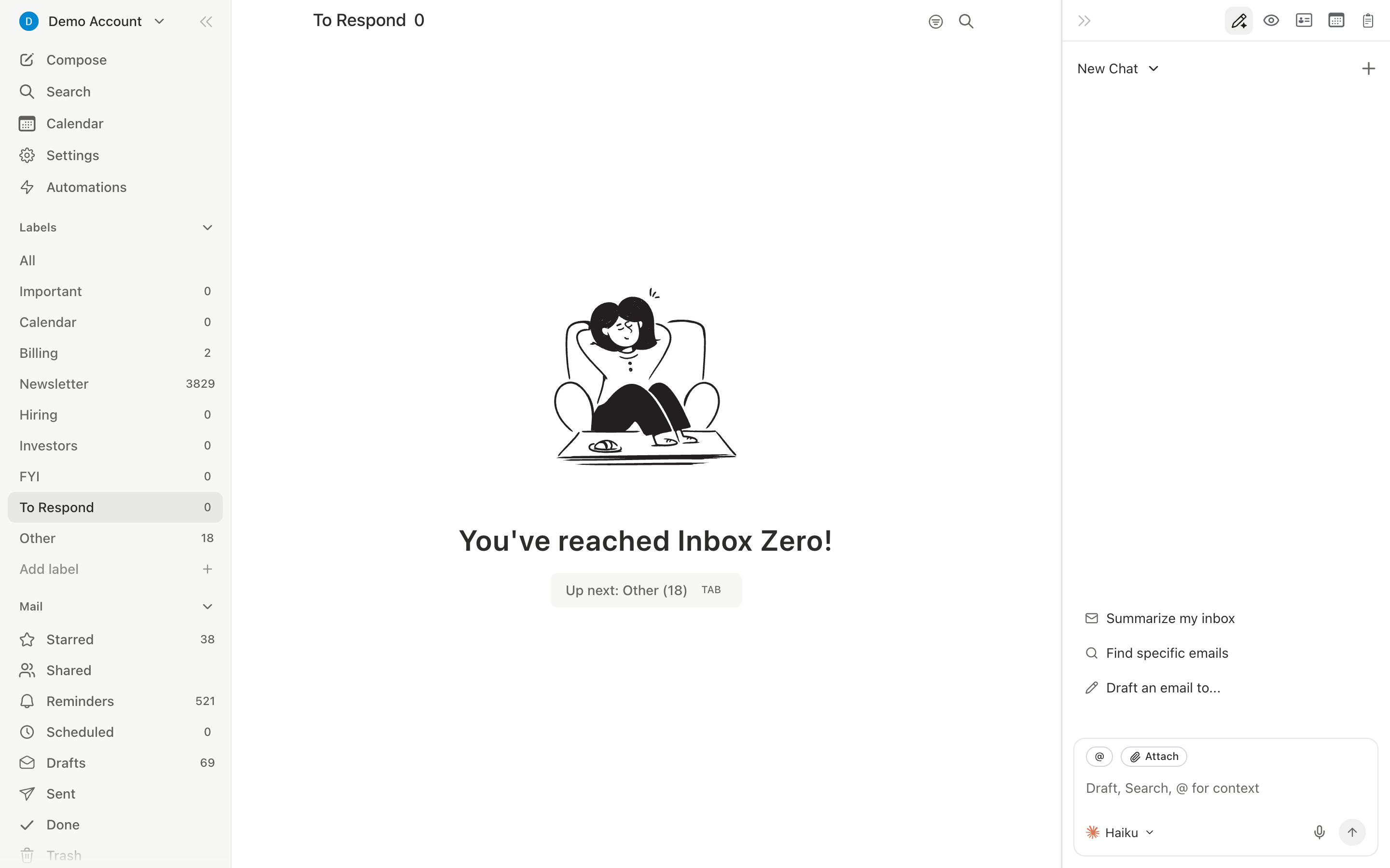 Inbox at zero showing all caught up state