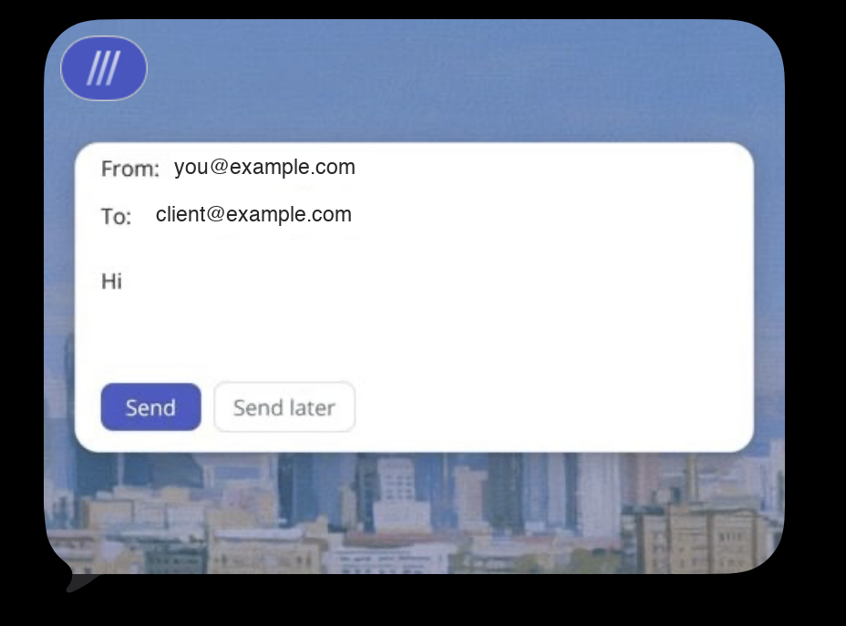 A Slashy email draft open inside the Messages app with Send and Send later buttons