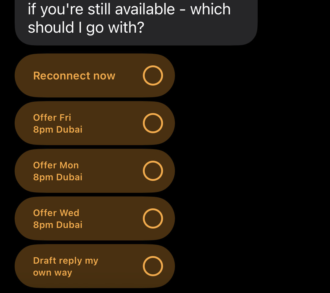 A Slashy poll in iMessage offering meeting times and a Draft reply my own way option