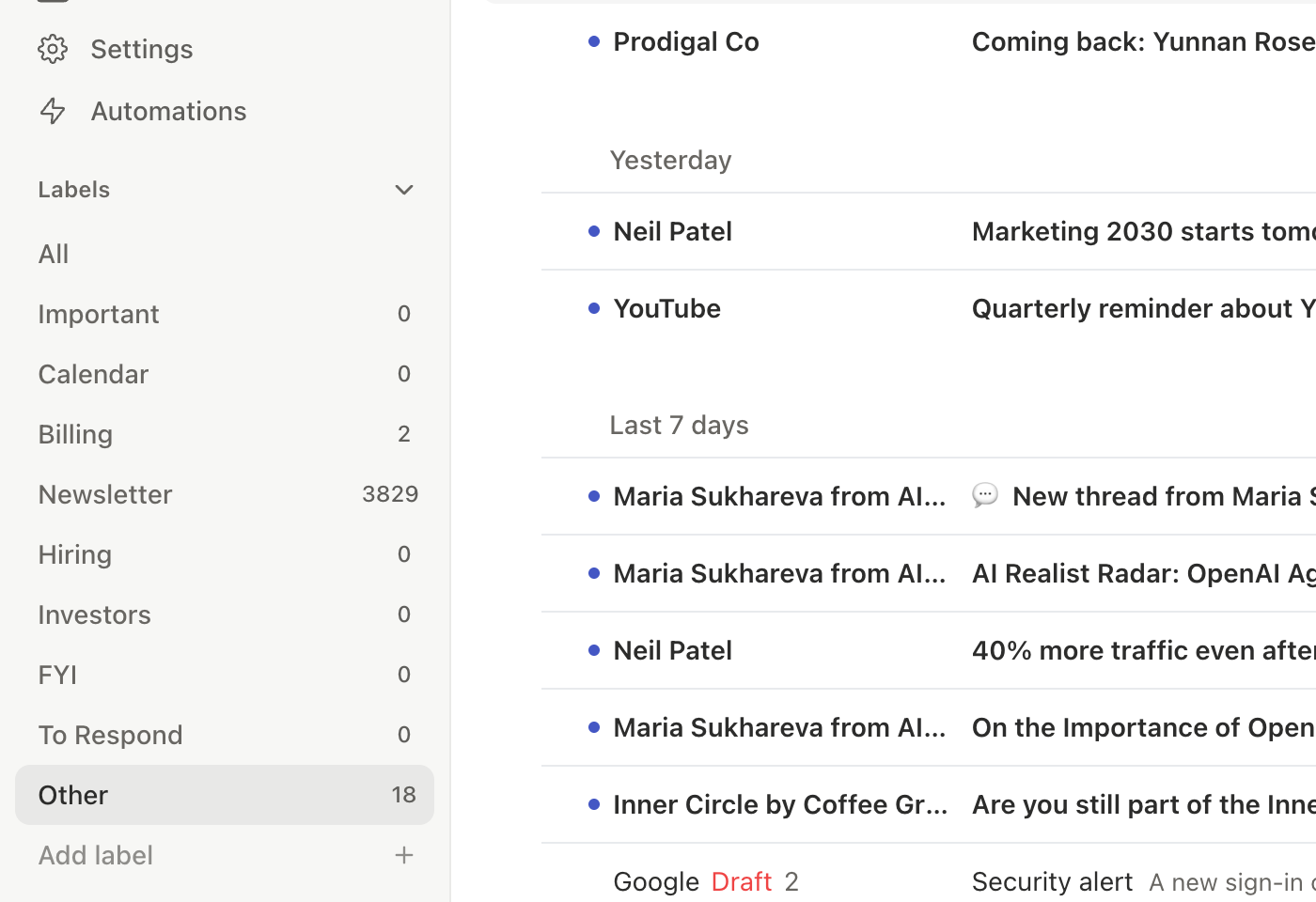 Inbox tab bar with importance labels and unread counts