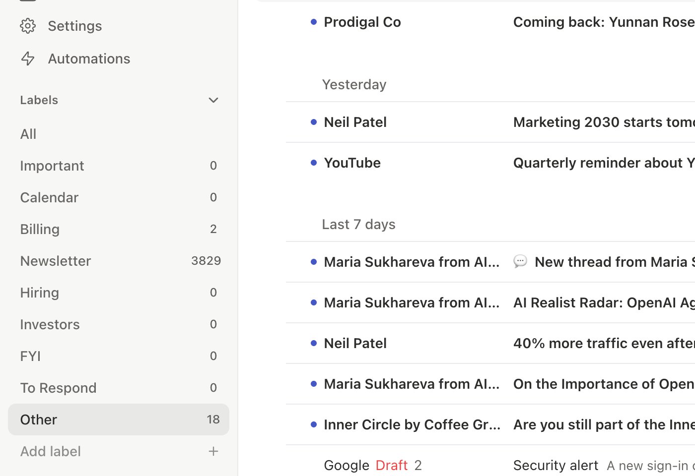 Inbox tab bar with importance labels and unread counts