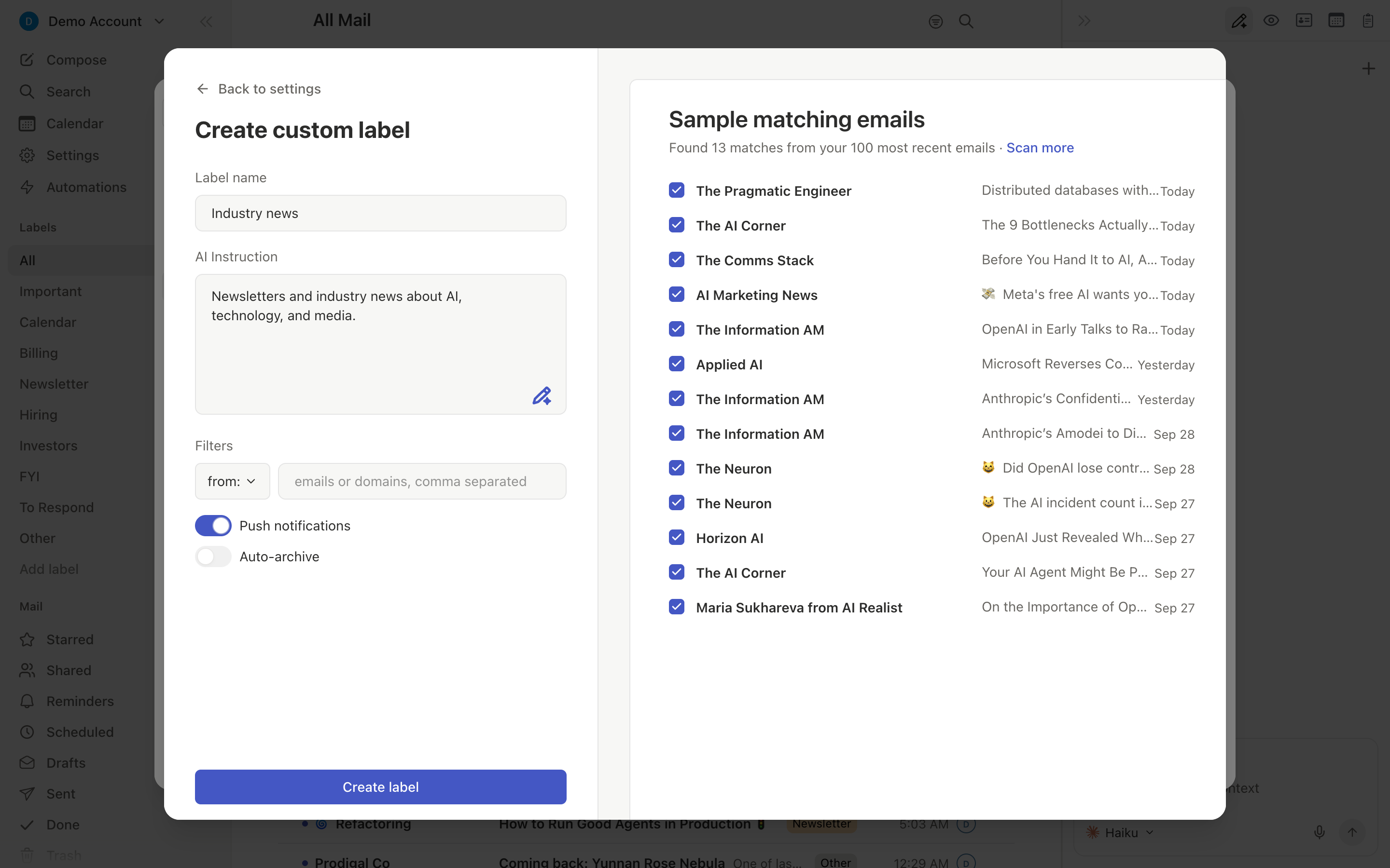 Label creation modal with name, description, and filter