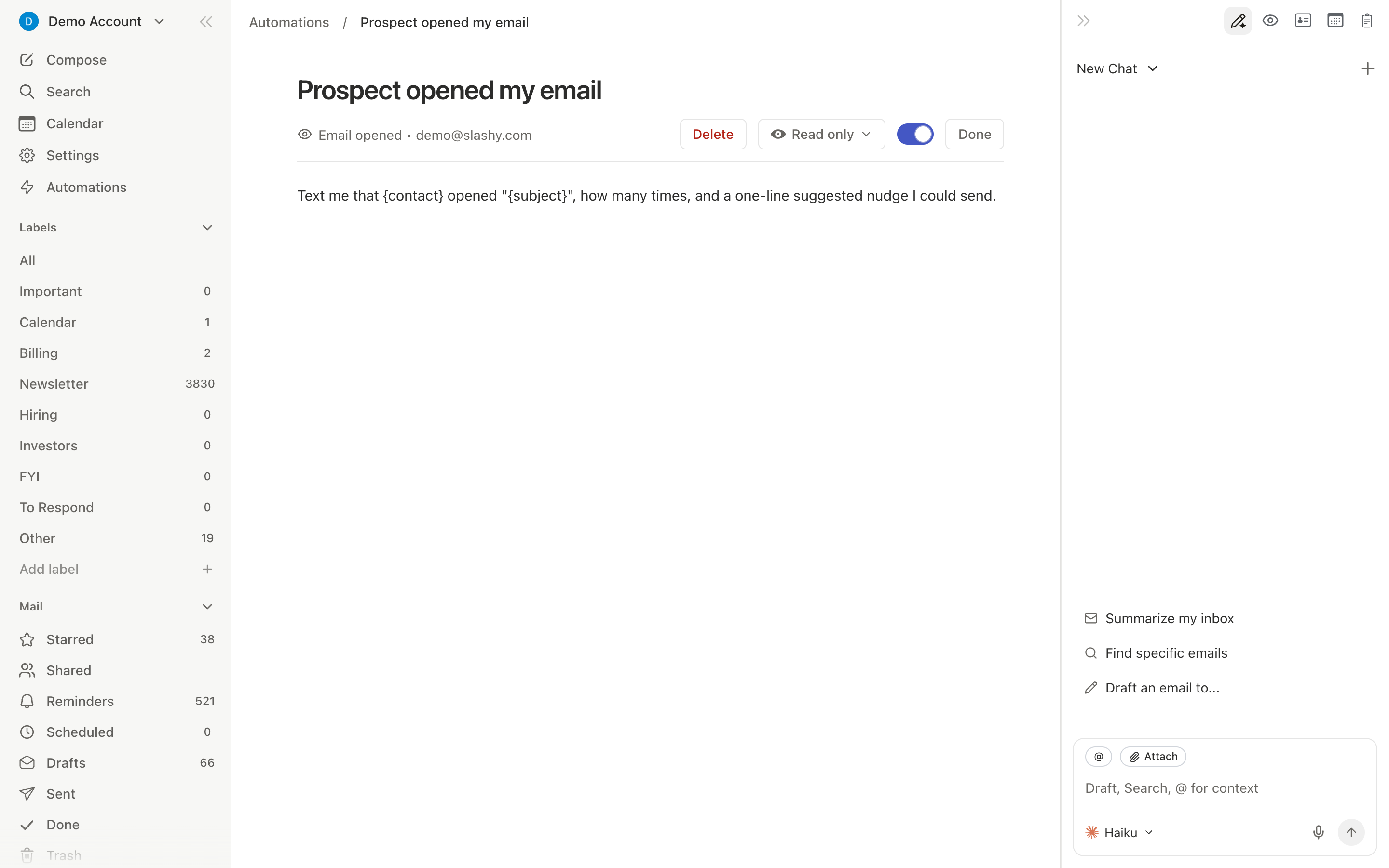 Slashy sidebar showing all inbox views