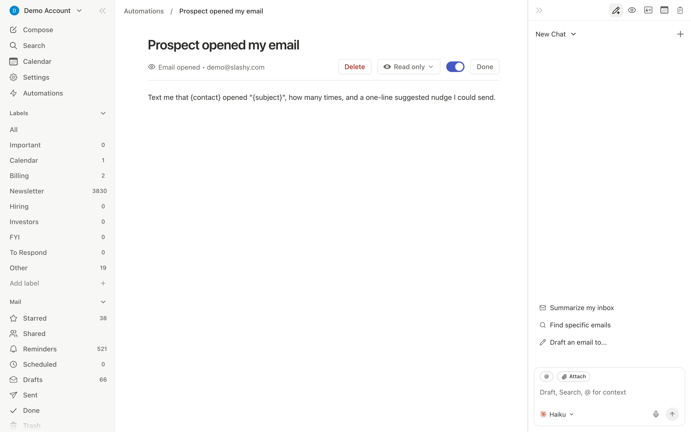 Slashy sidebar showing all inbox views