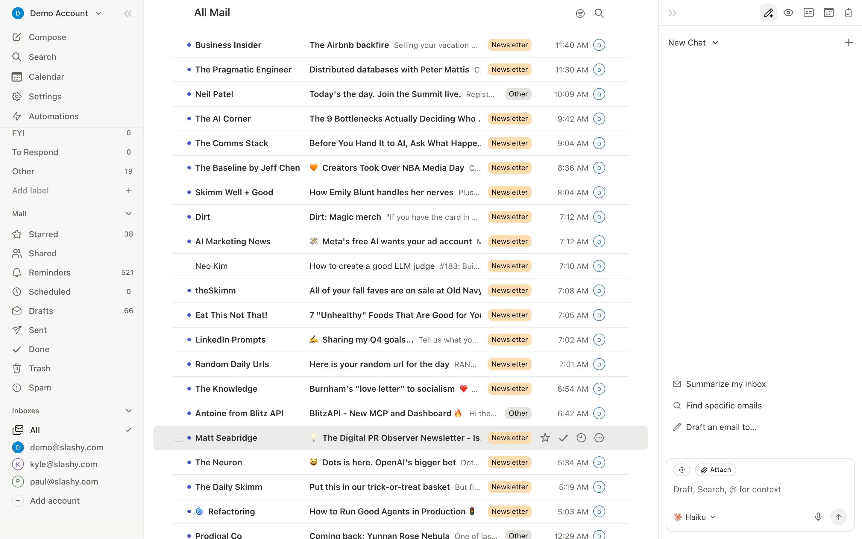 Inbox header menu with filter, sort, and group options open