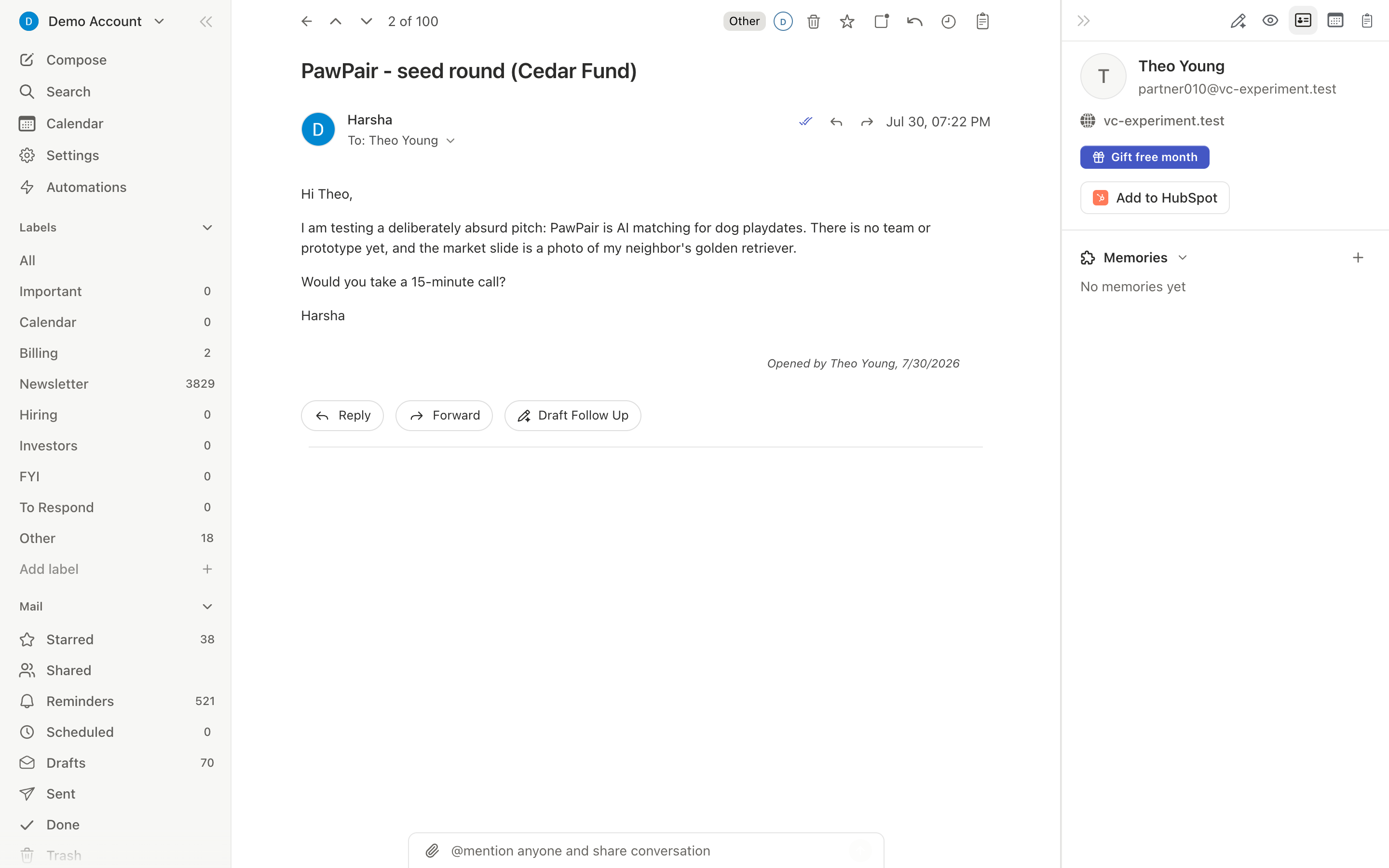 Contact sidebar open before a meeting with the contact's details and recent history