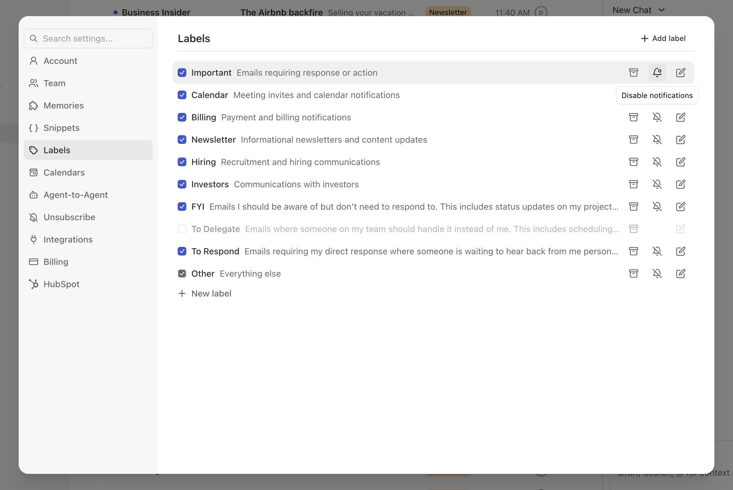 Settings page with notification toggles