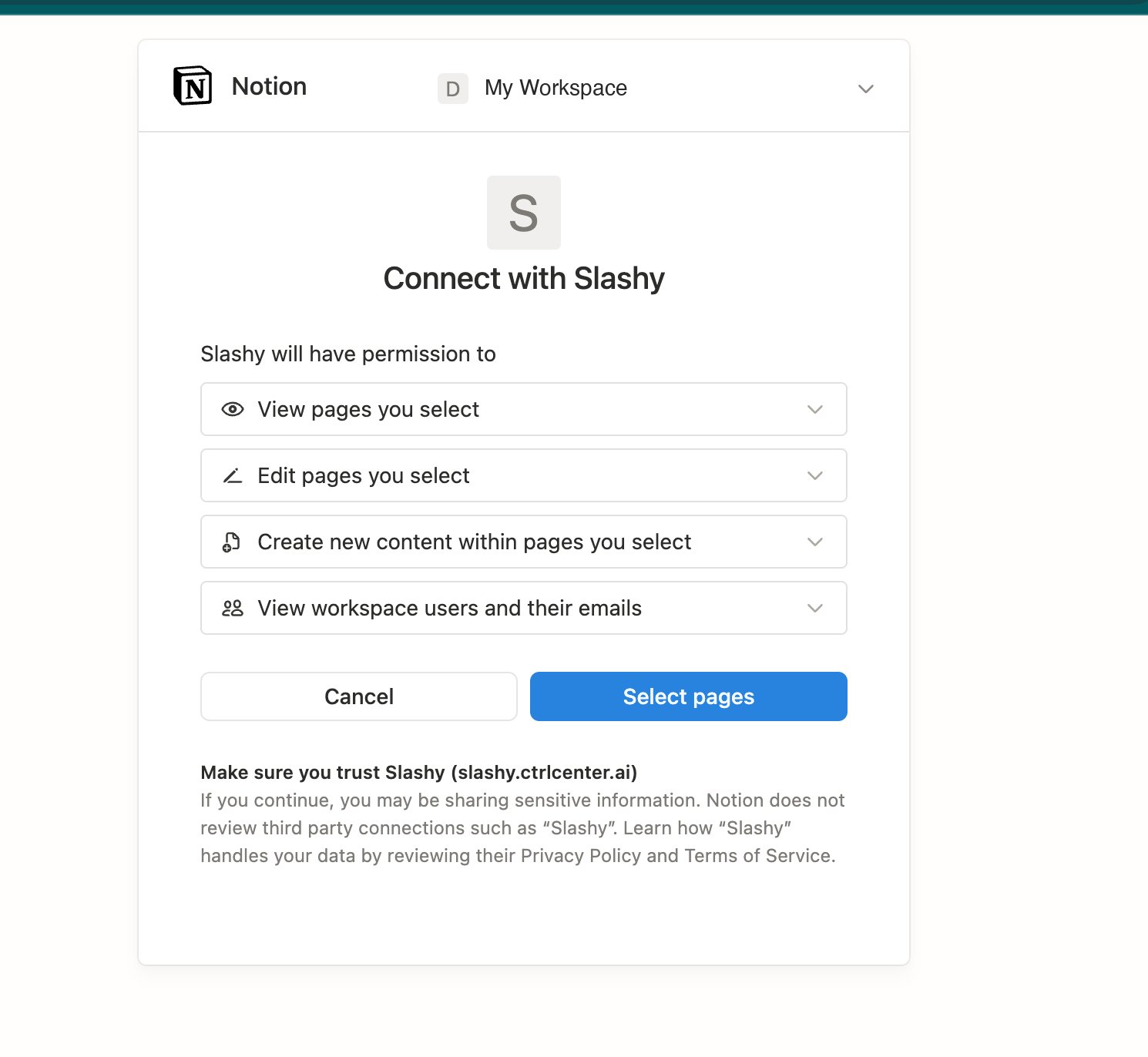 Notion Connect with Slashy screen listing the requested permissions