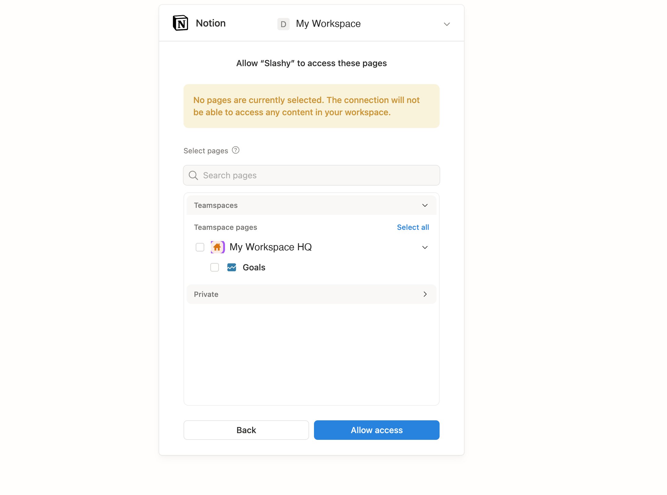 Notion page picker for granting Slashy access to specific pages