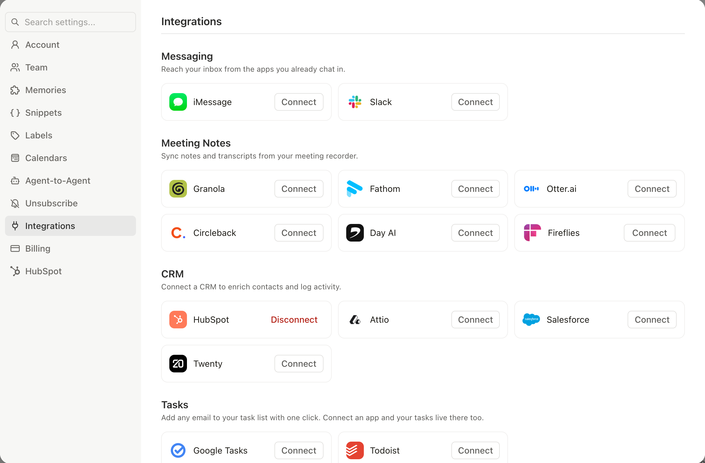 Settings, Integrations with the iMessage Connect card