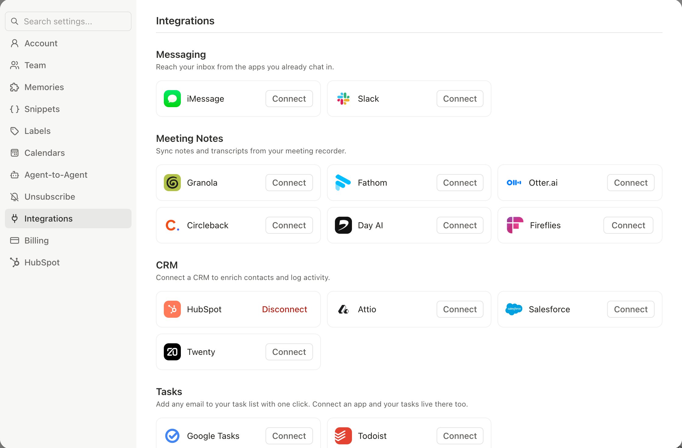 Settings, Integrations with the iMessage Connect card