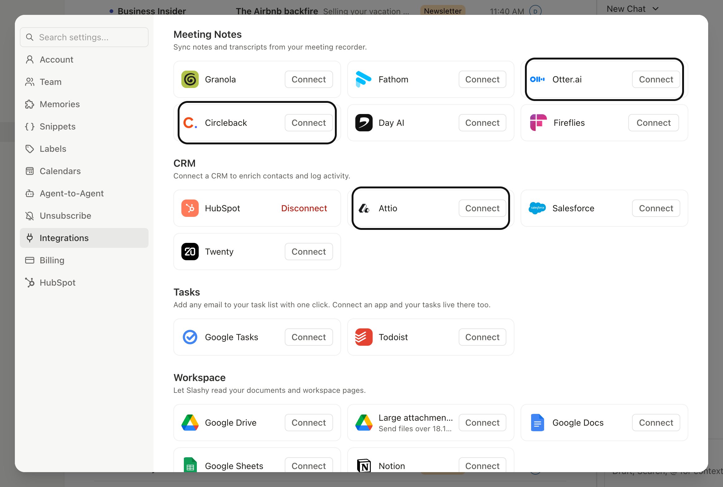 Slashy Settings open to the Otter.ai integration page with the OAuth Connect button