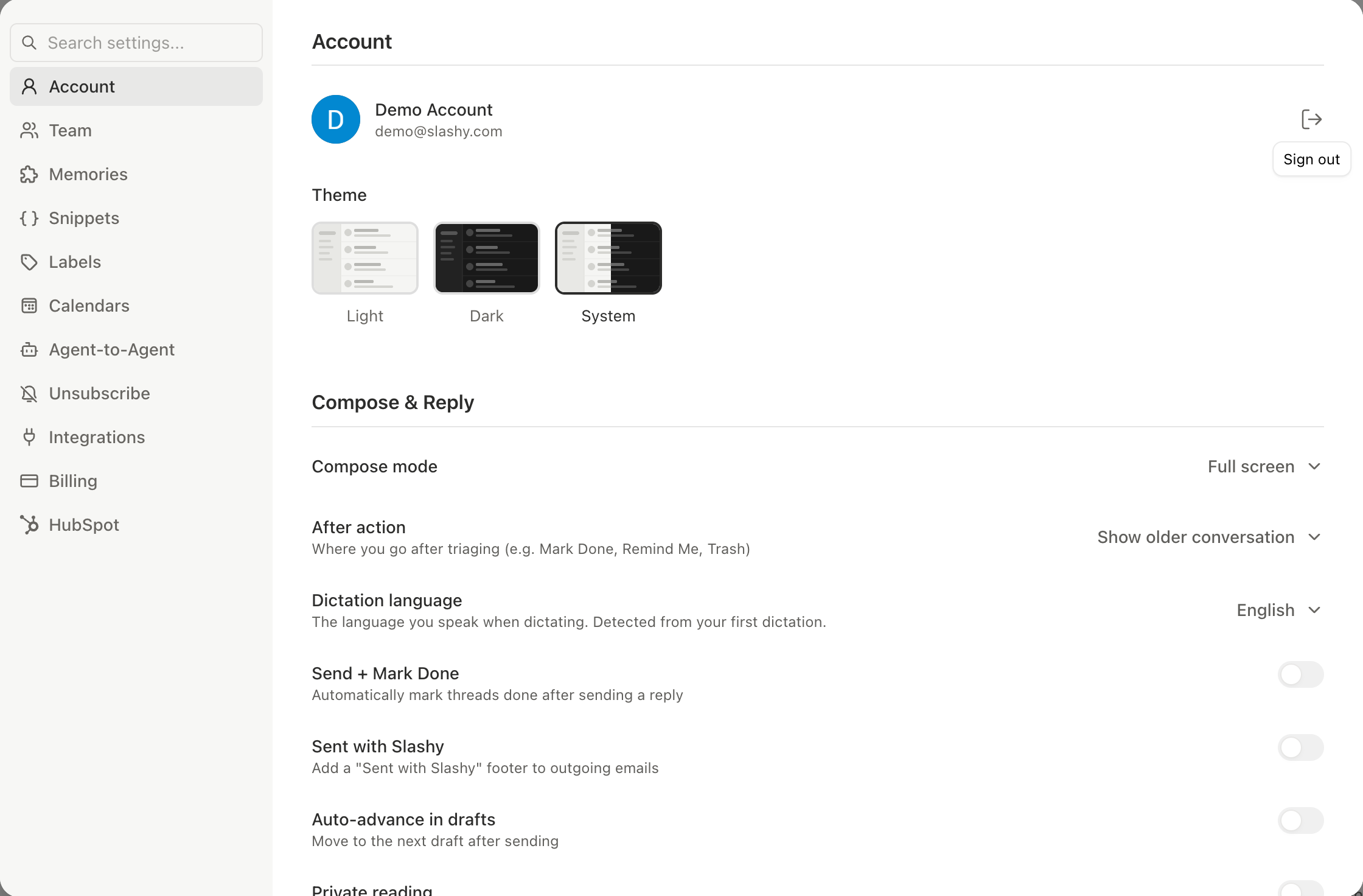 Settings, Account with the sign out option