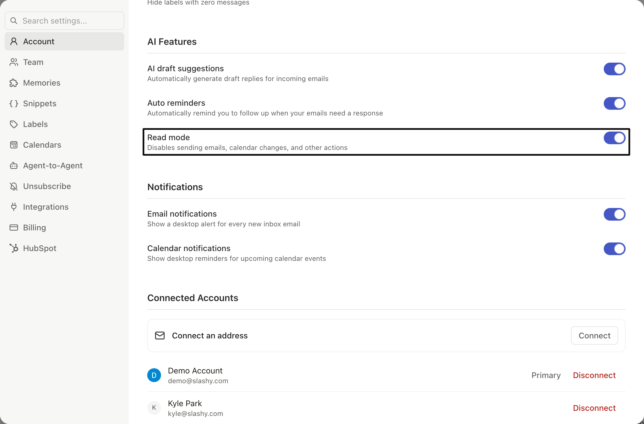 Read Mode toggle in Settings Account