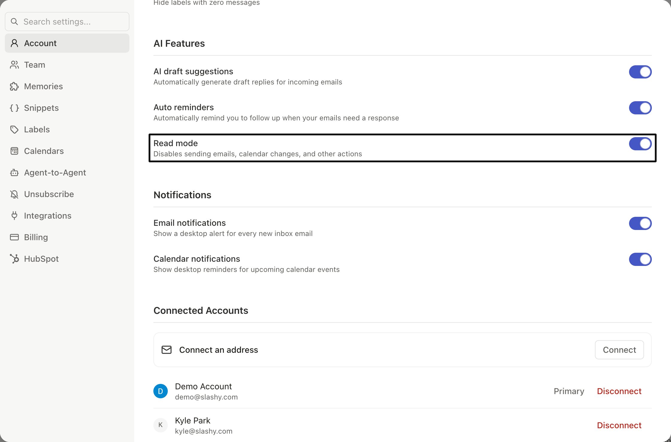 Read Mode toggle in Settings Account
