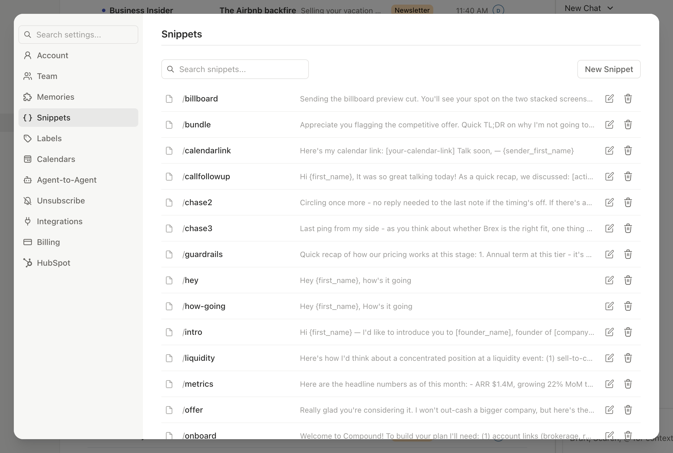 Snippet library with outreach templates for different roles and stages