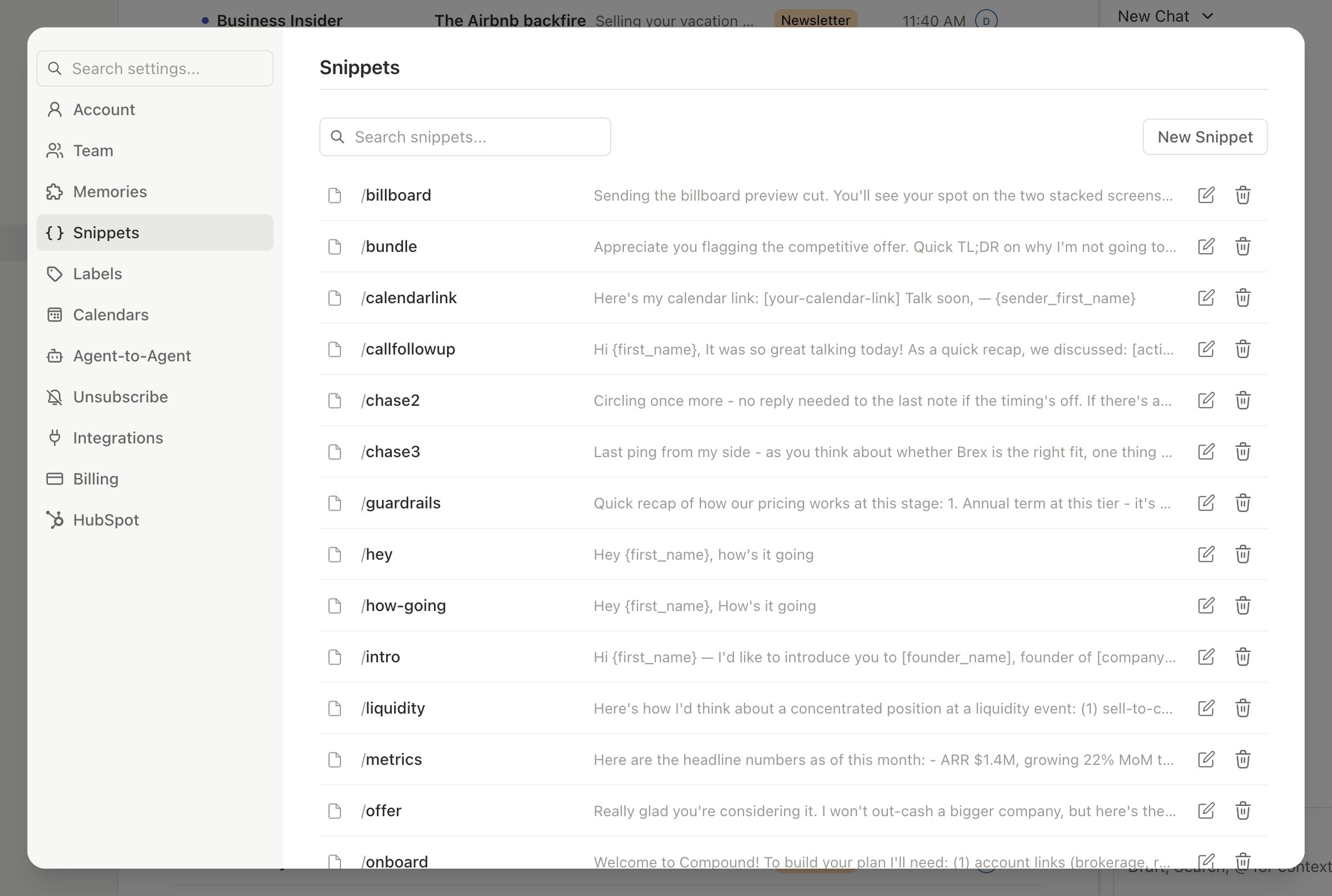 Snippet library with outreach templates for different roles and stages