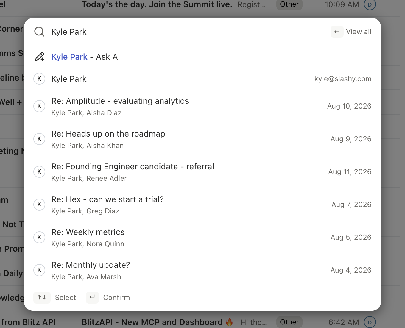 Slashy search bar open with a query in progress and streaming results below