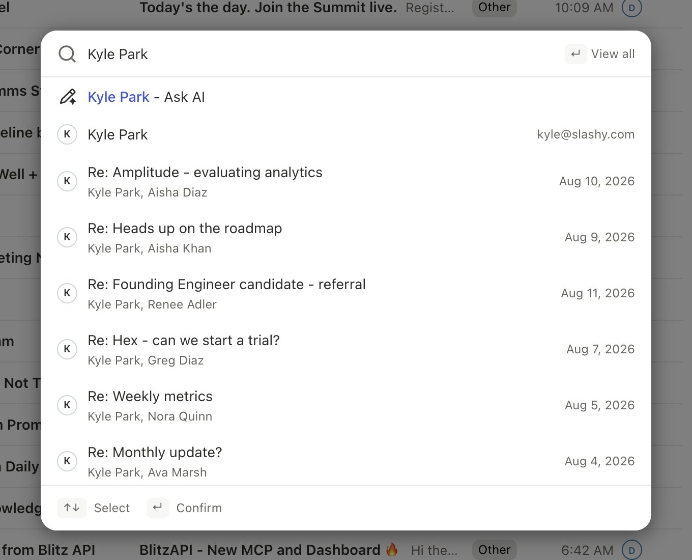 Slashy search bar open with a query in progress and streaming results below