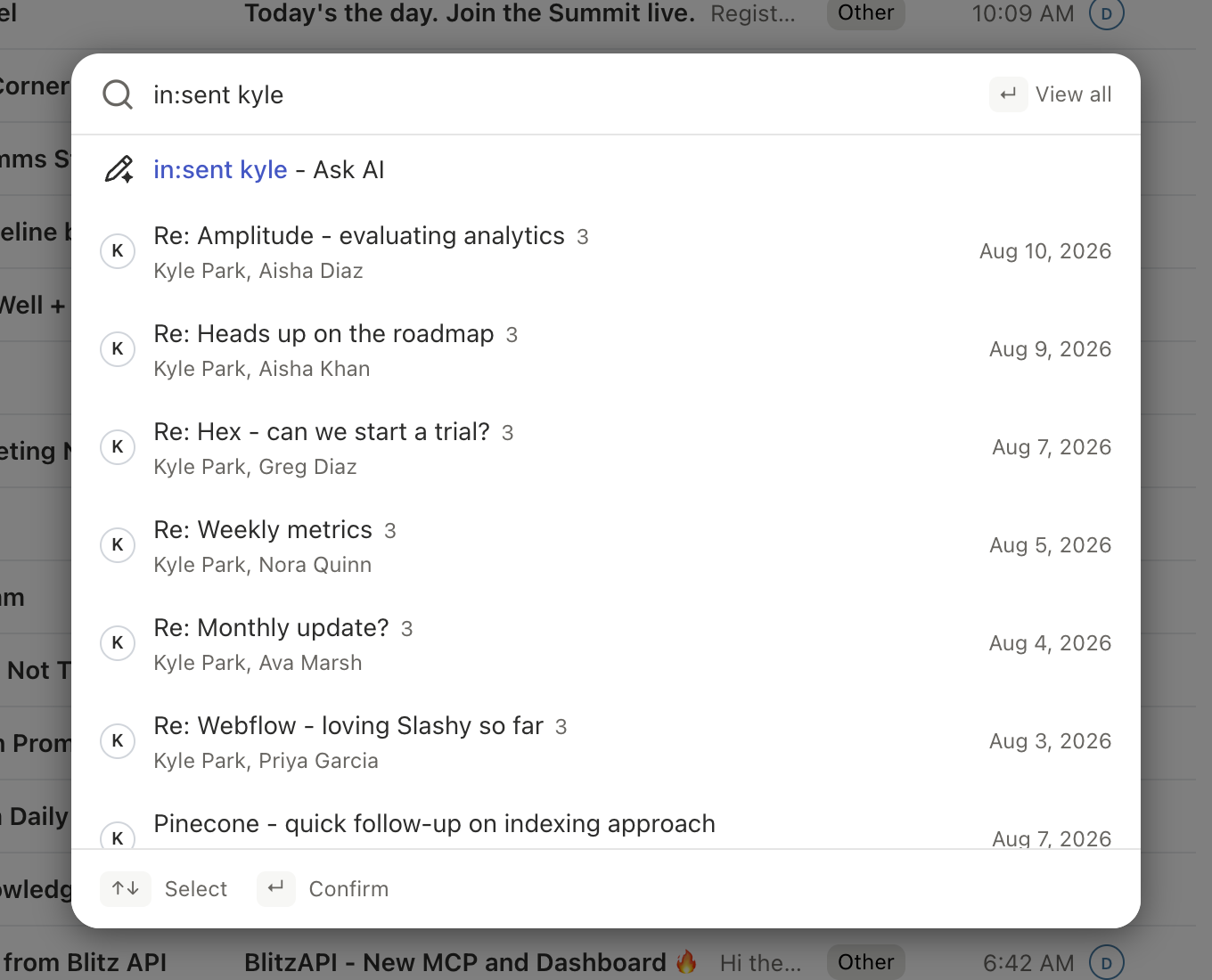 Search results page with the scope indicator showing All Inboxes and results grouped by inbox