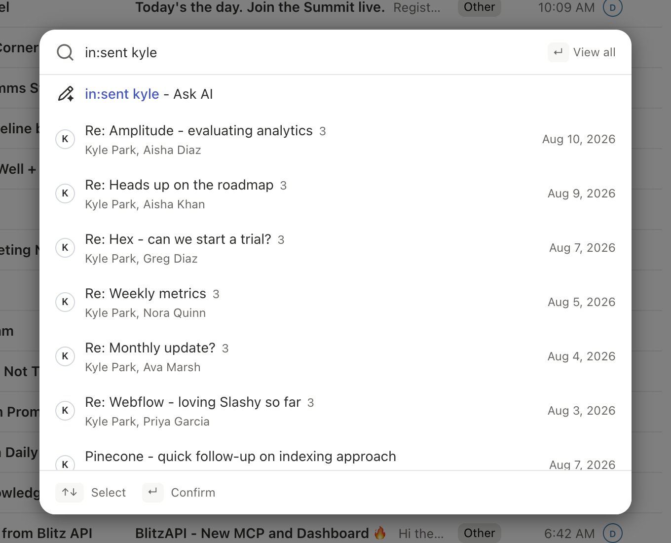 Search results page with the scope indicator showing All Inboxes and results grouped by inbox