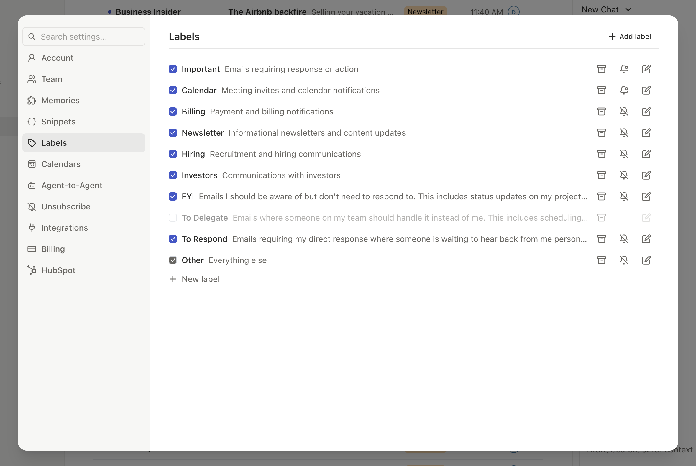 Label settings page showing training examples with matched and unmatched entries