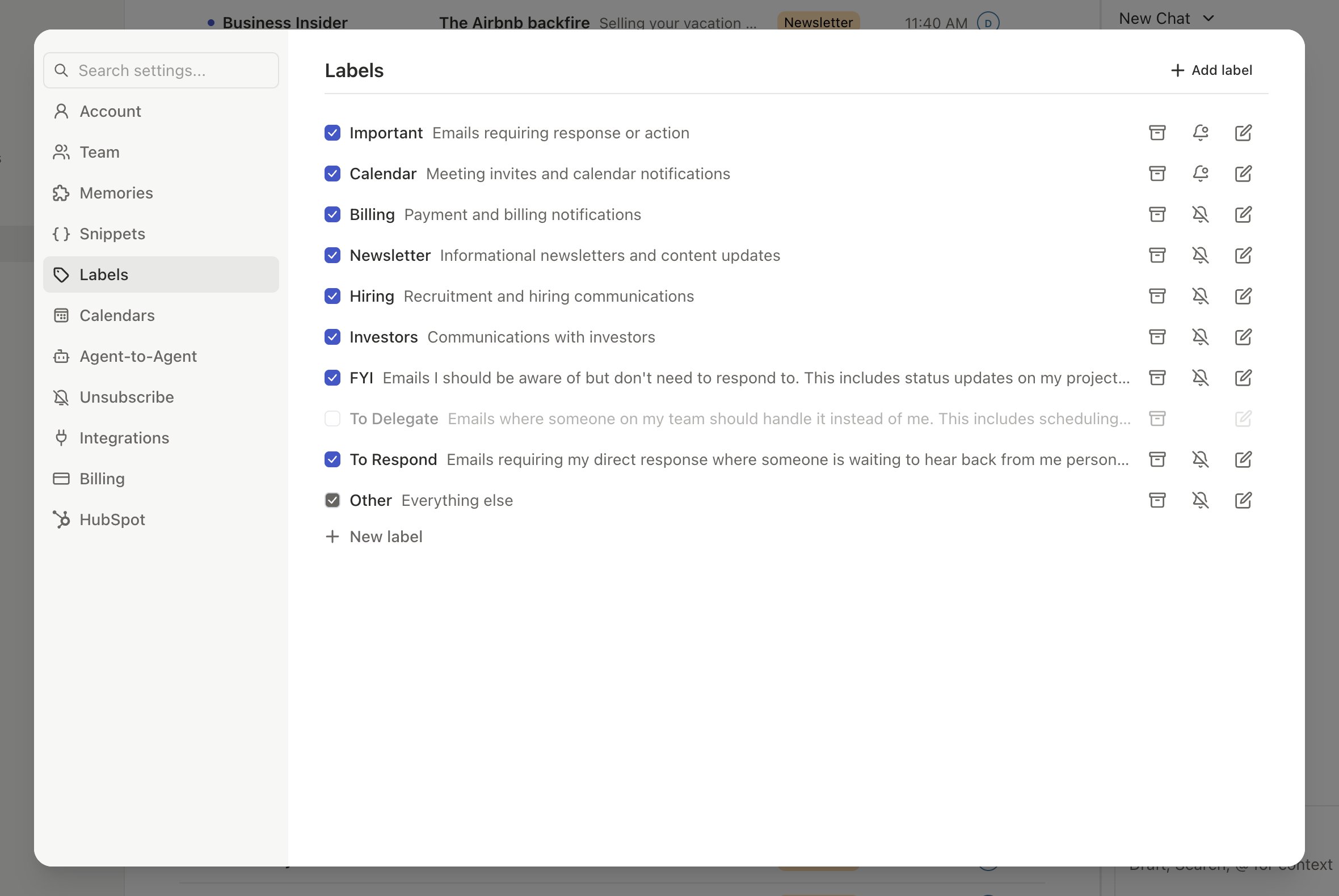 Label settings page showing training examples with matched and unmatched entries