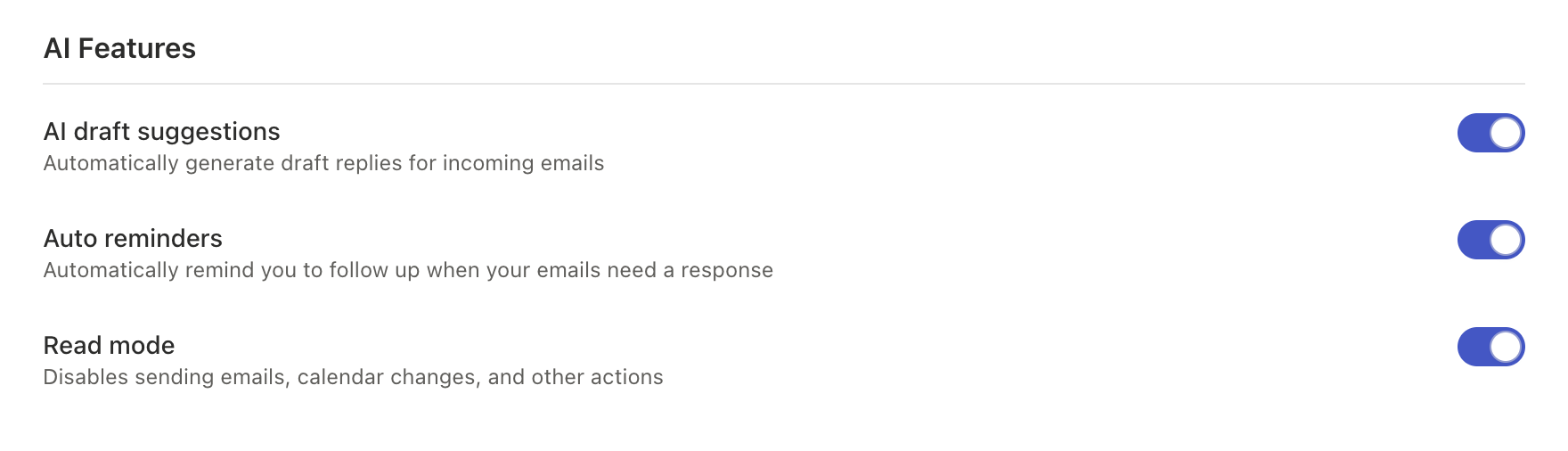 AI draft suggestions toggle under AI Features in Settings, Account