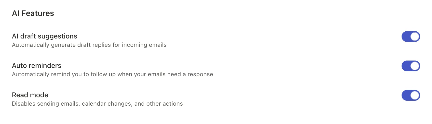 AI draft suggestions toggle under AI Features in Settings, Account