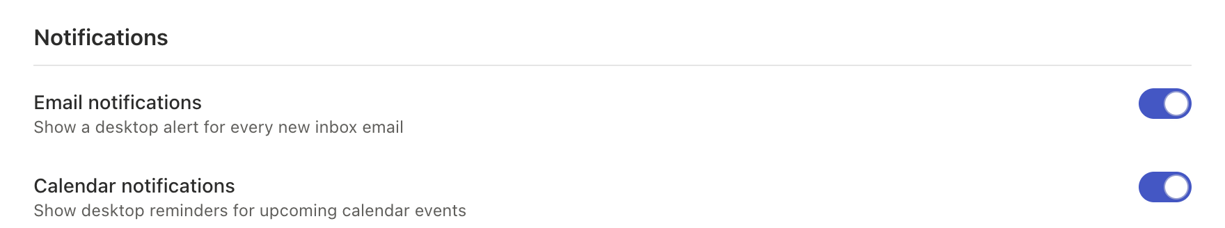 Notifications section in Settings Account with Email notifications and Calendar notifications switches