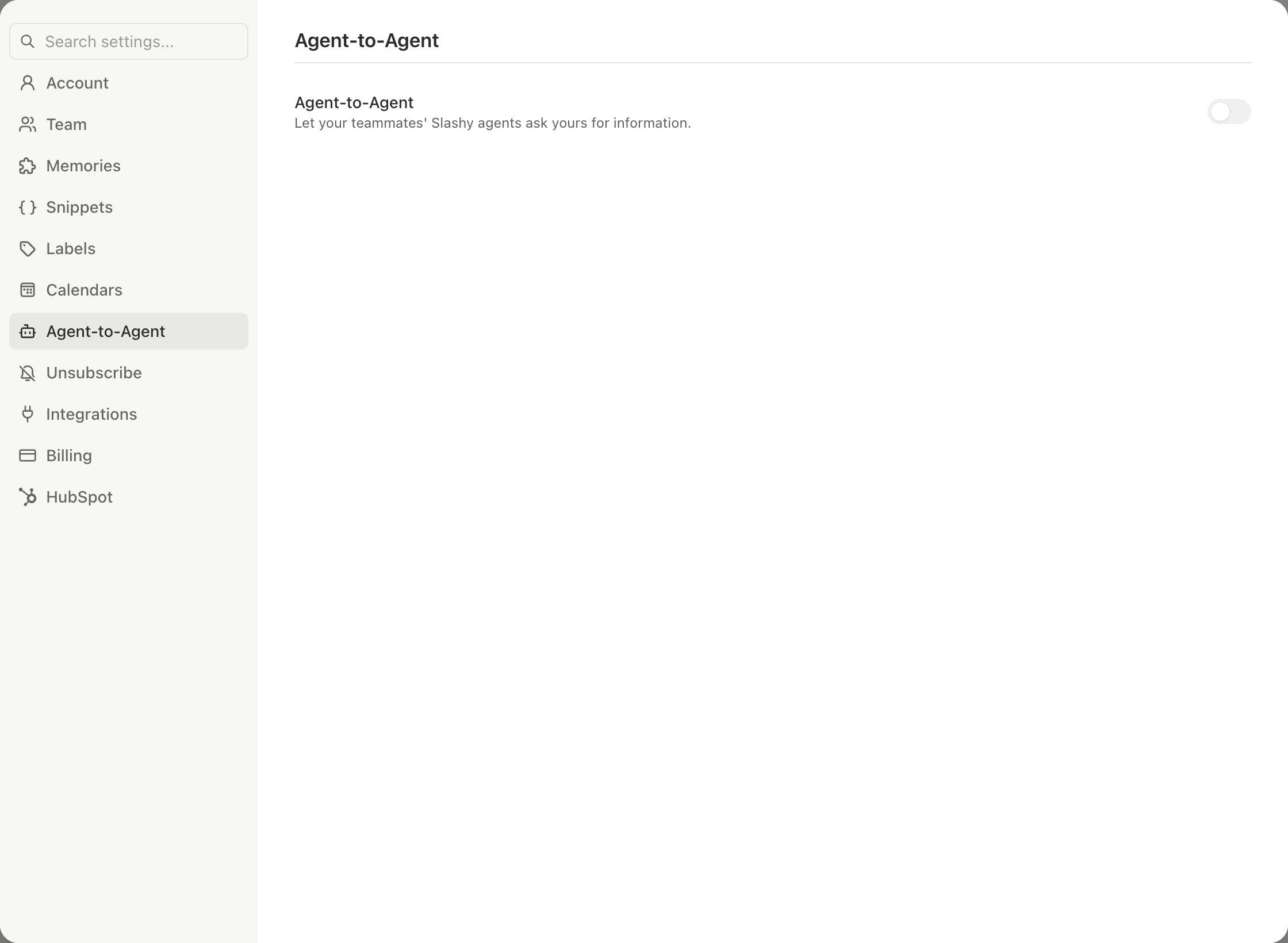 Settings, Agent-to-Agent with the switch that lets teammates' agents ask yours for information