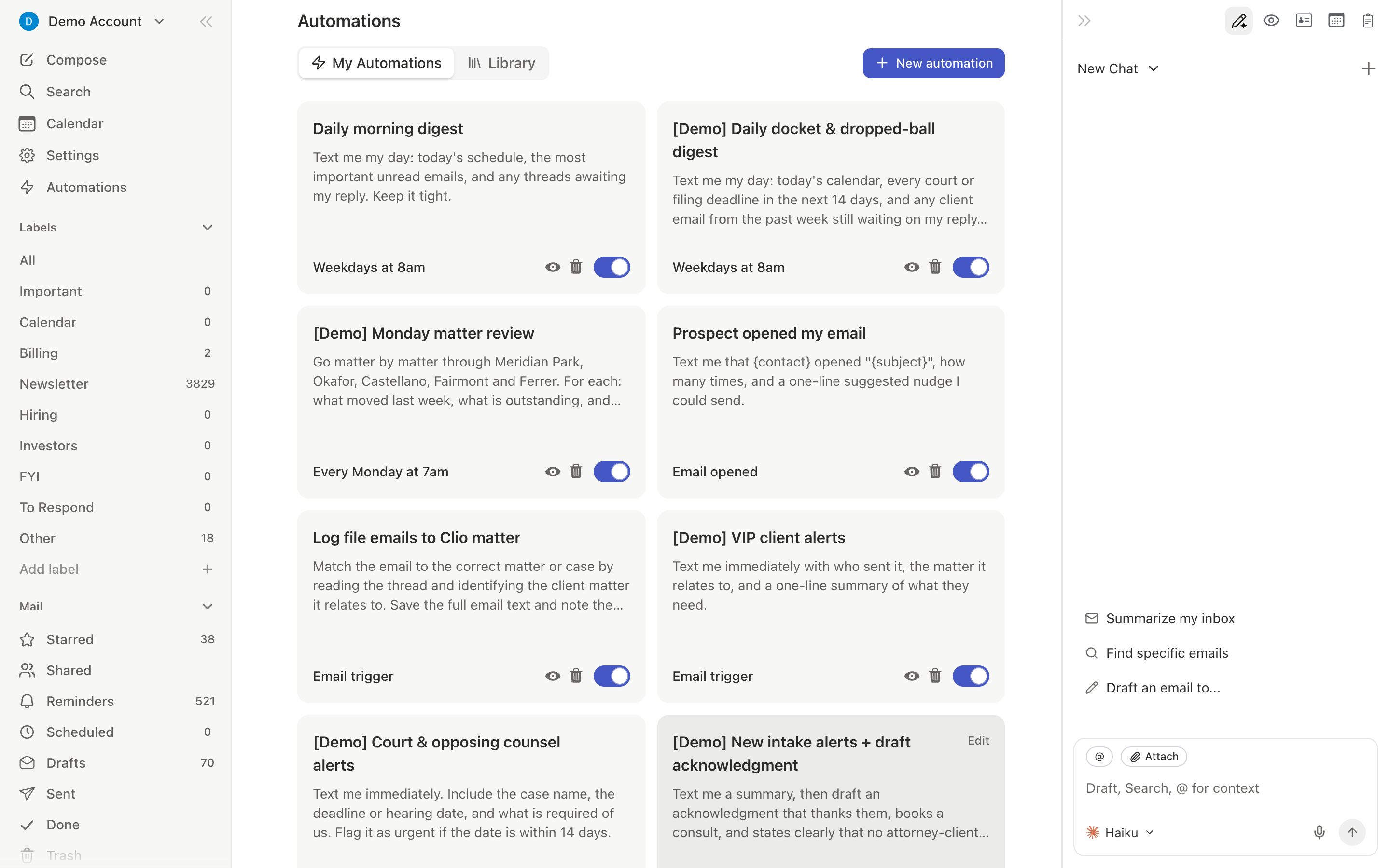 Automations page showing template categories and personalized suggestions