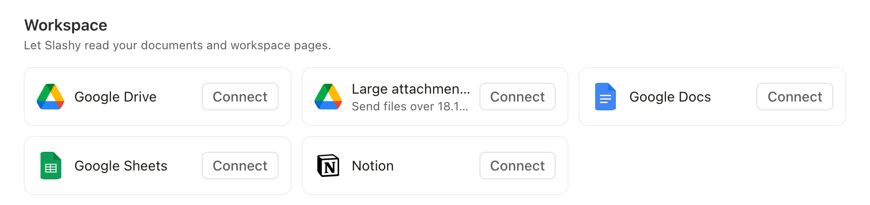 Settings Integrations showing the Large attachments card