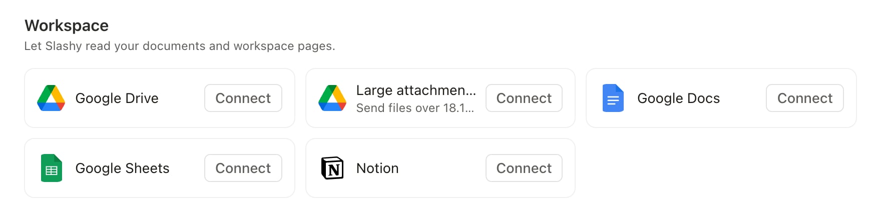 Settings Integrations showing the Large attachments card
