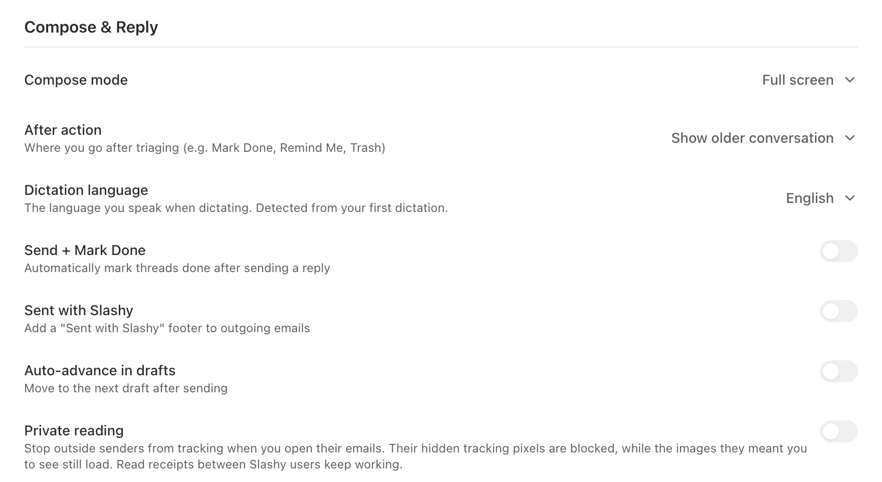 Settings, Account, Compose & Reply group with the Private reading toggle