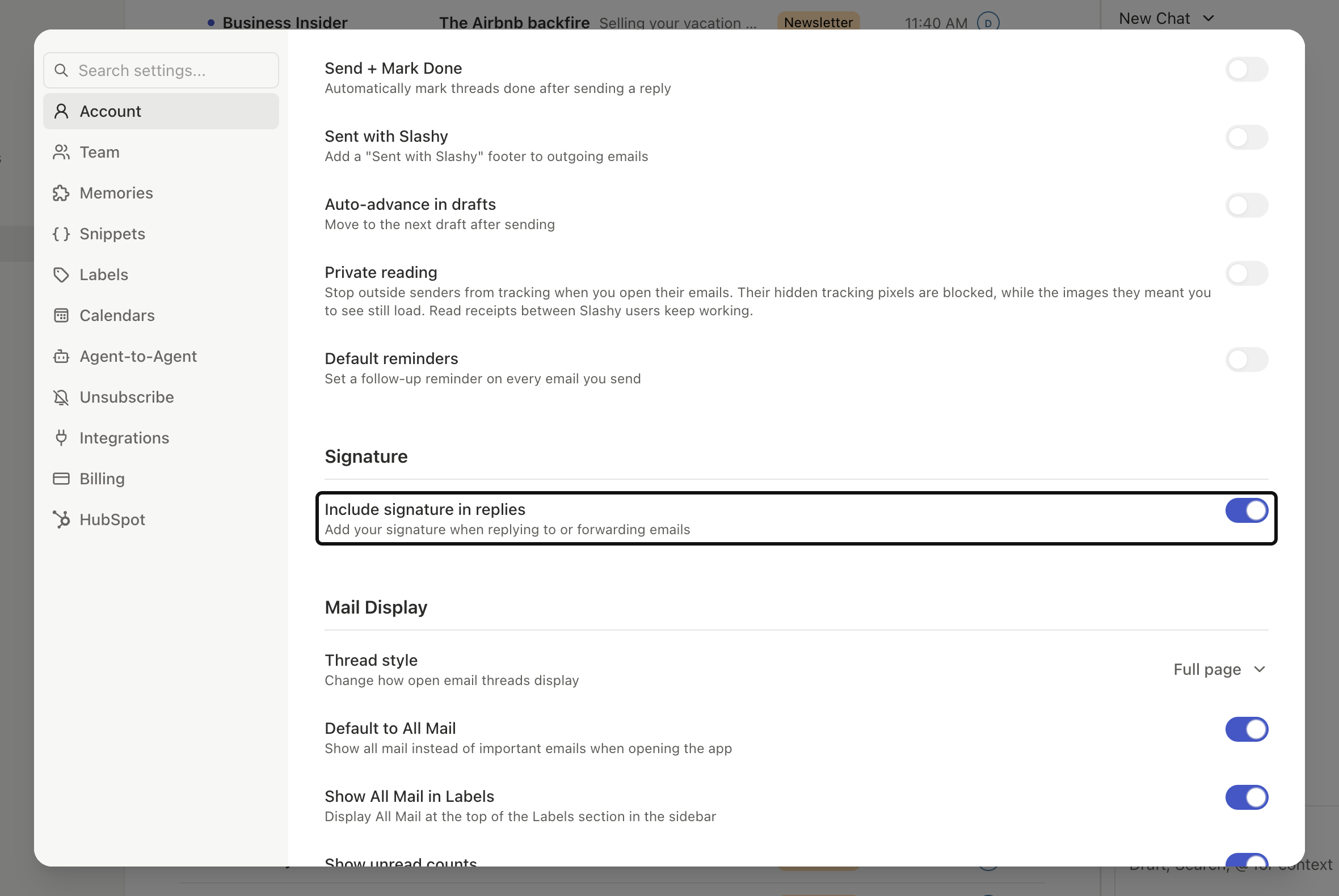 Settings showing the Sent with Slashy toggle in off position