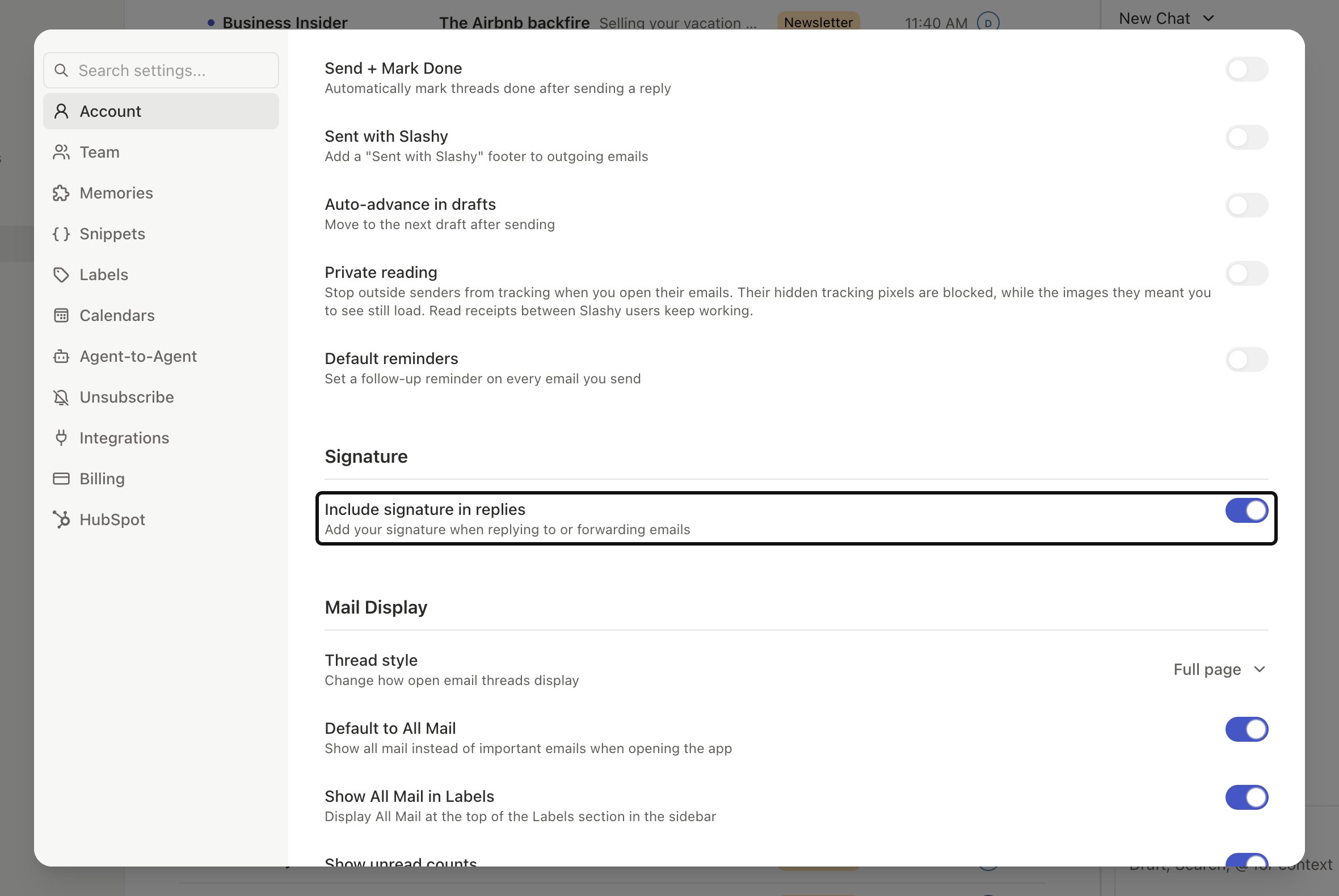Settings showing the Sent with Slashy toggle in off position