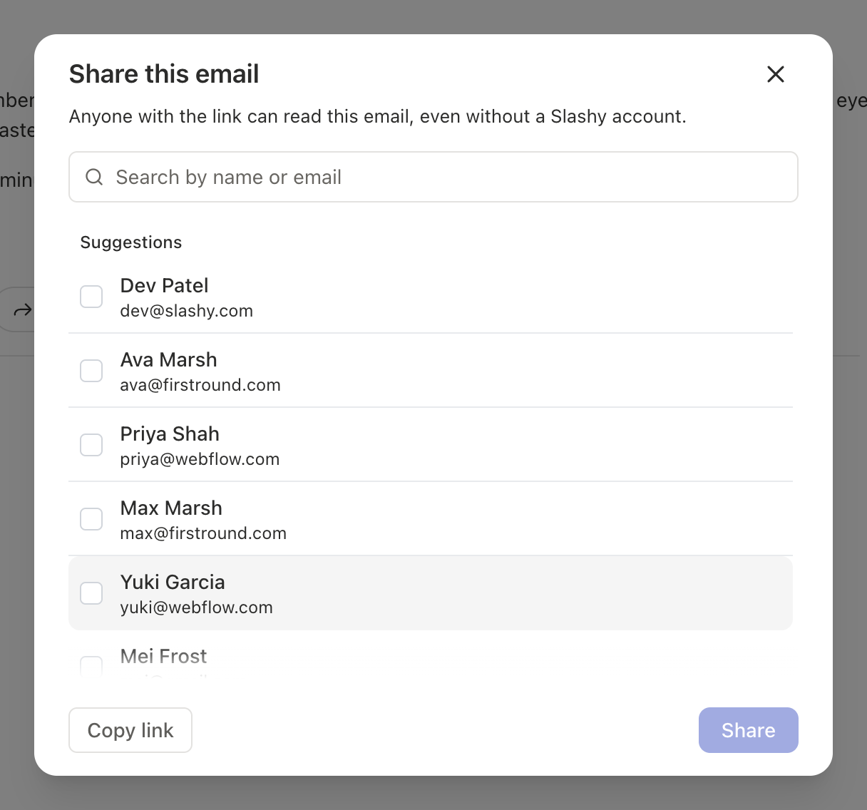 Share this email dialog with a search field, a contact list, and Copy link and Share buttons