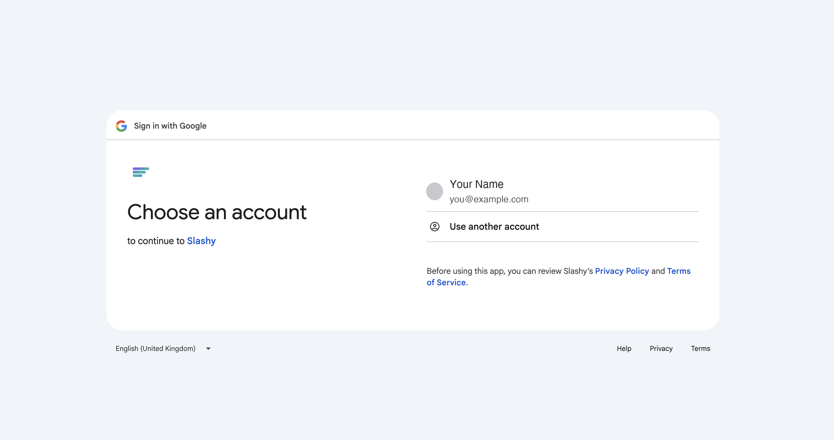 Google OAuth screen for signing in to Slashy