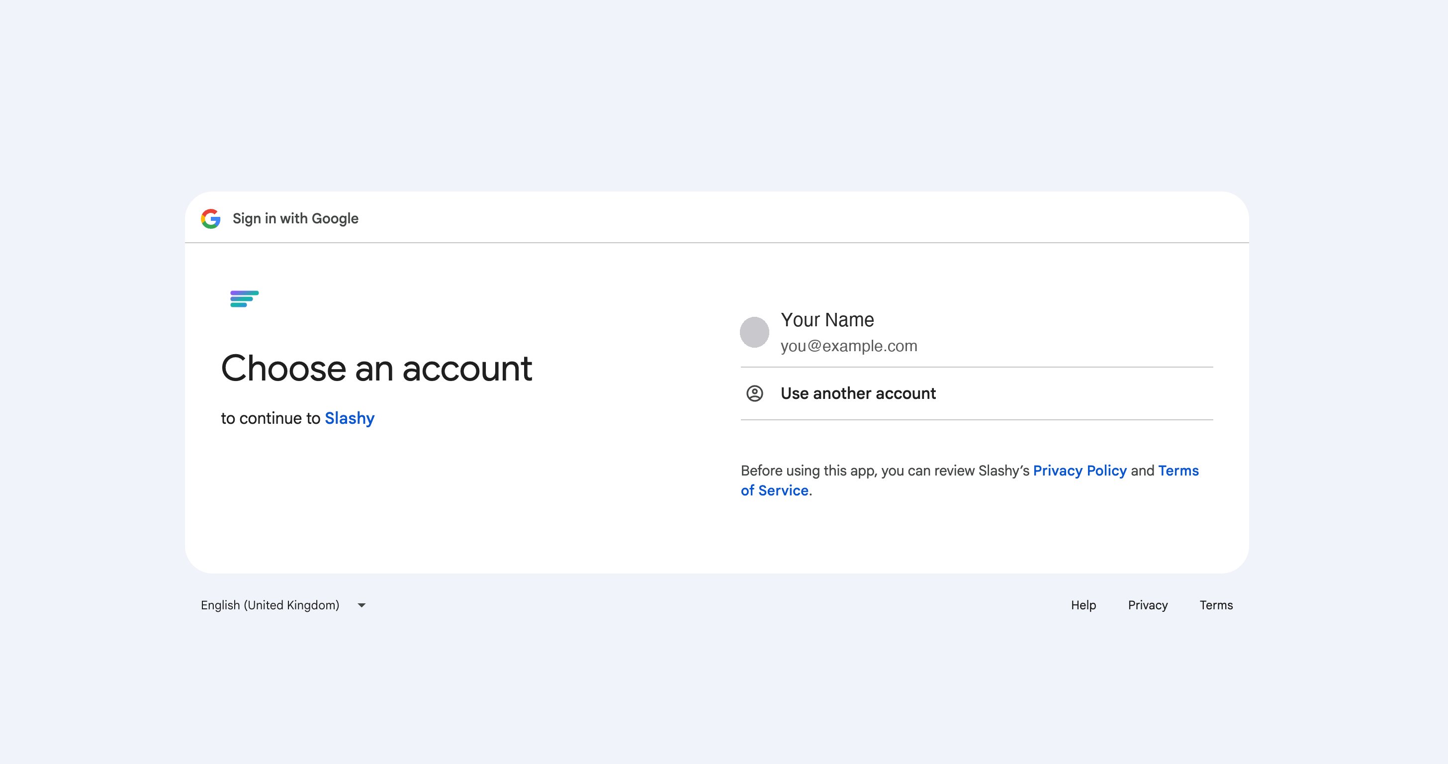 Google OAuth screen for signing in to Slashy
