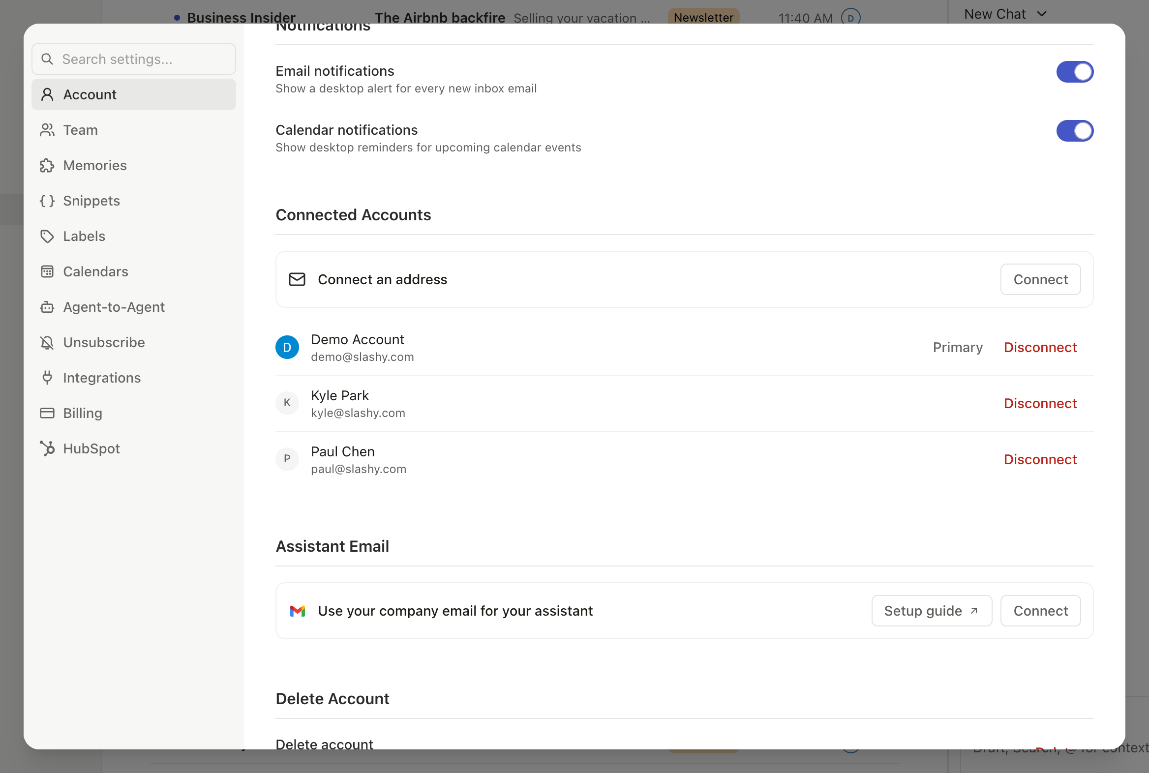 Slashy multi-account view for executive assistants managing multiple inboxes