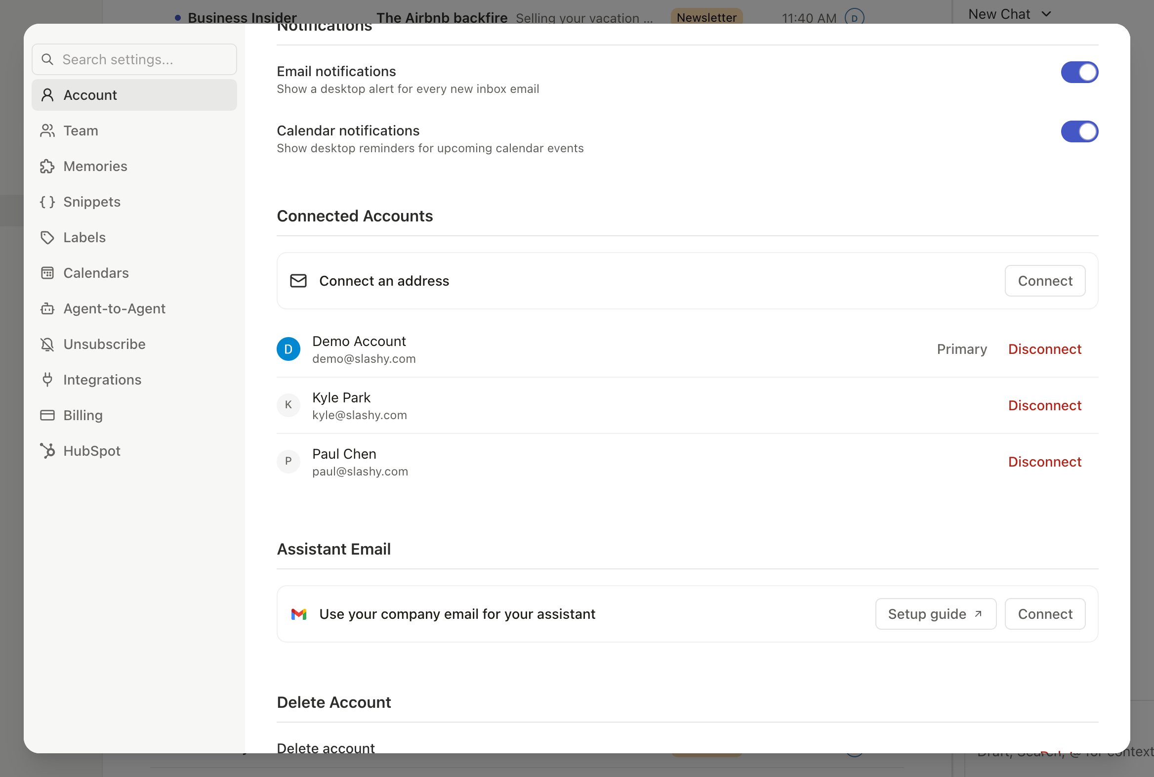 Slashy multi-account view for executive assistants managing multiple inboxes