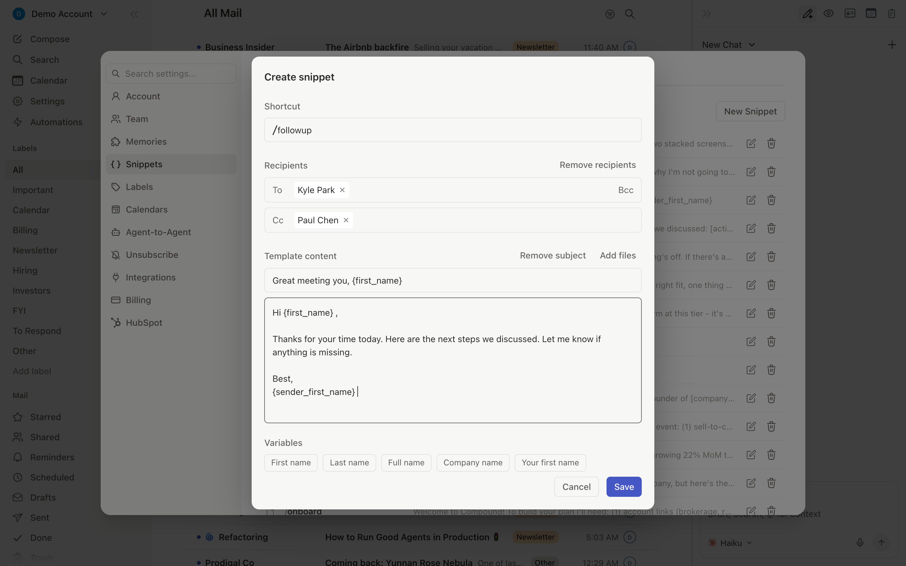 Snippet creation modal with recipients, subject, body, and variables
