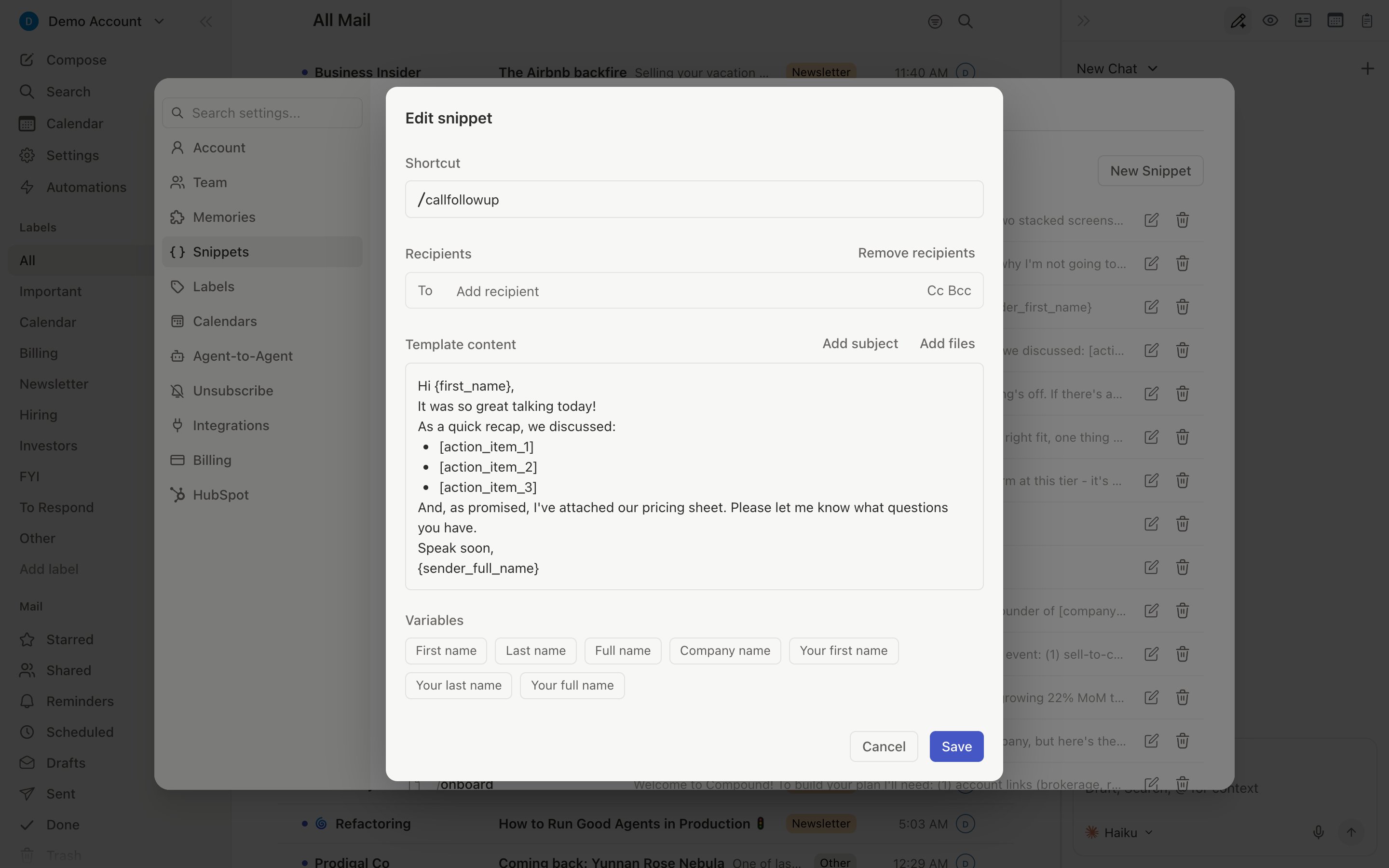 AI variable prompt field inside snippet body editor