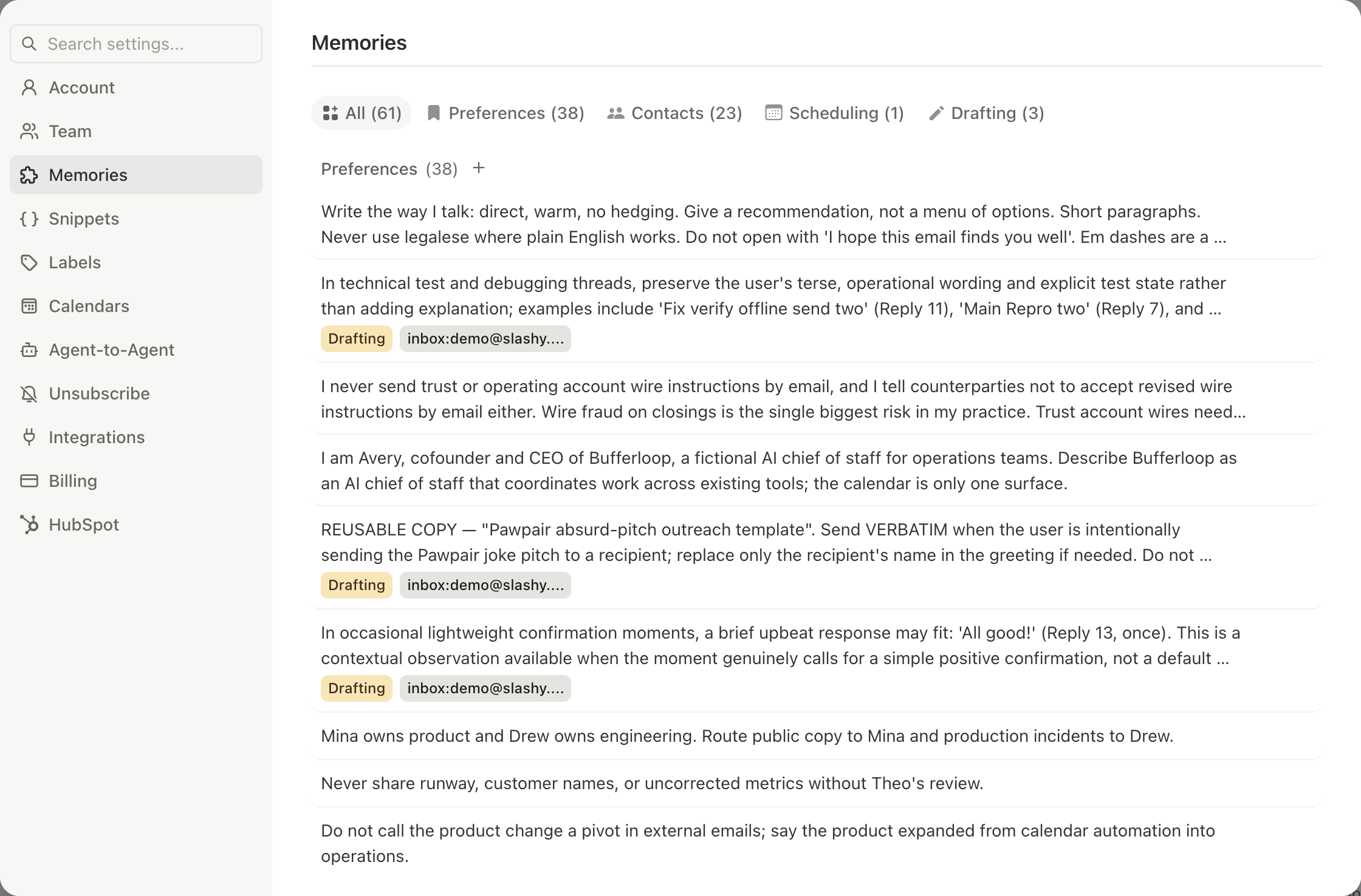 Settings Memories page showing list of memories with type, anchor, and edit controls