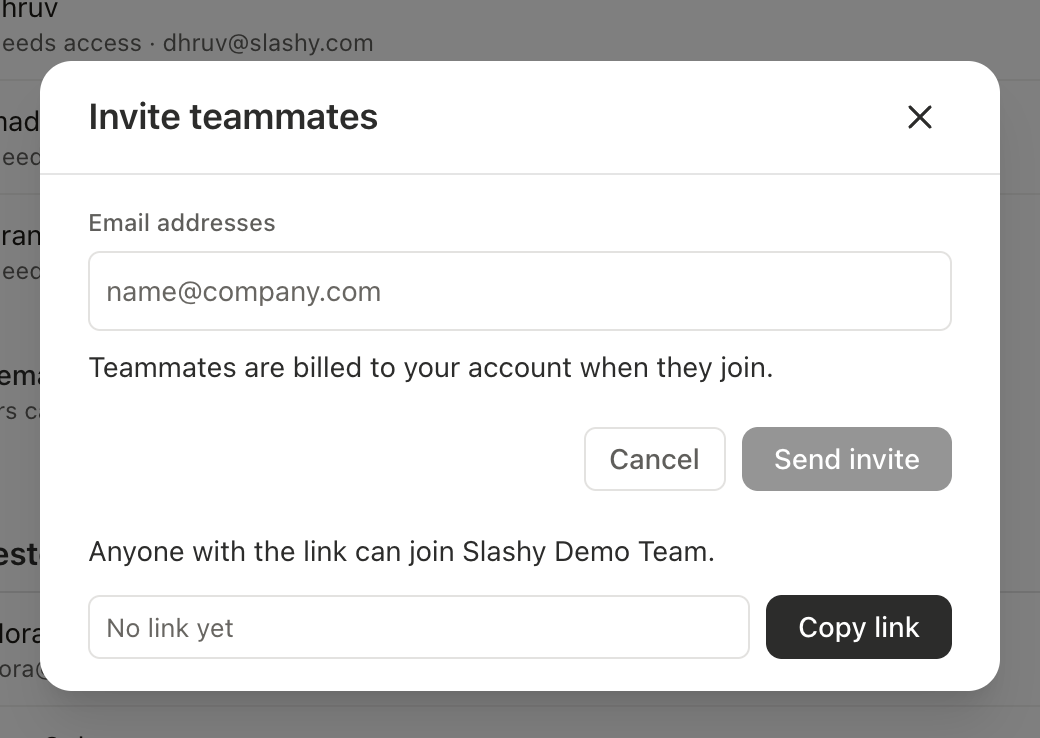 Invite teammates window with an email field, billing notice, and Copy link button