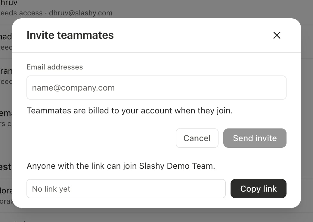Invite teammates window with an email field, billing notice, and Copy link button
