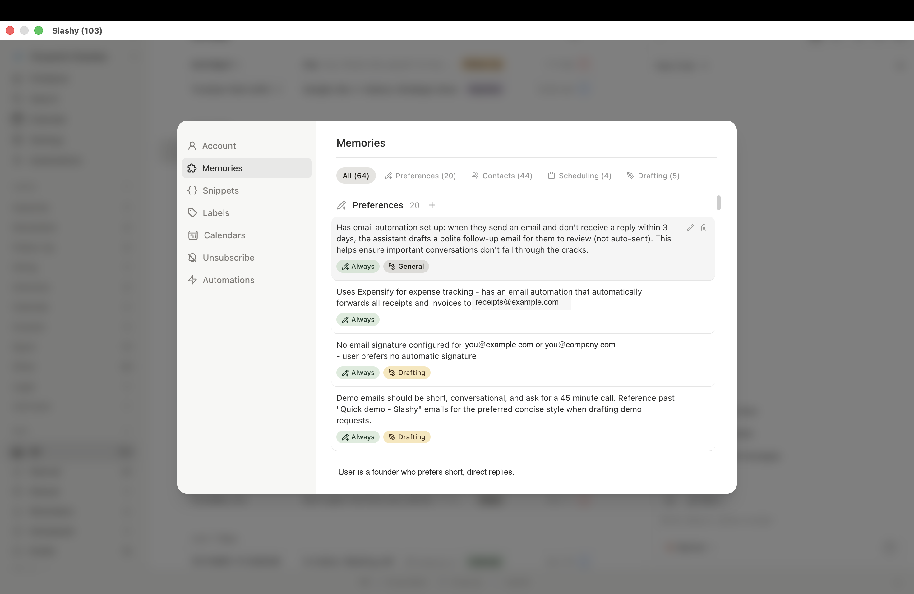 AI memories showing accumulated contact facts and preferences