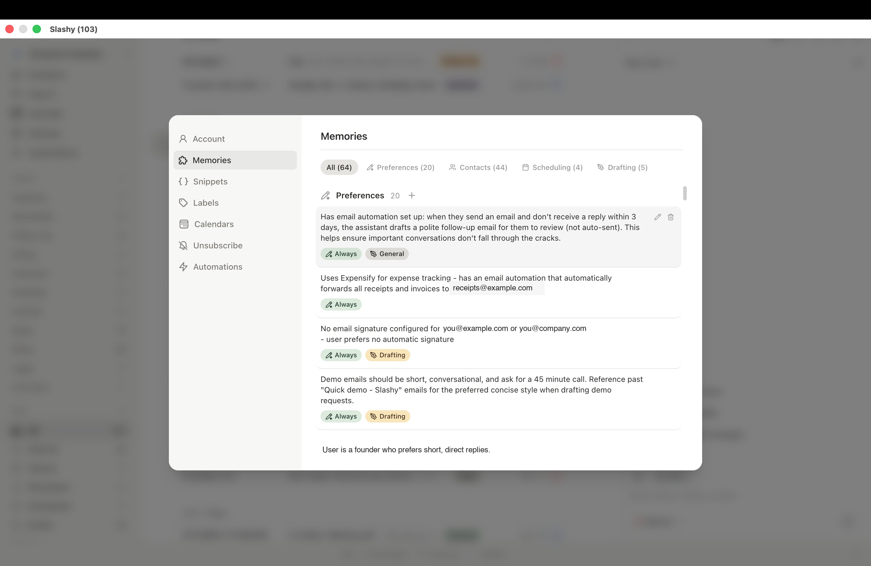 AI memories showing accumulated contact facts and preferences